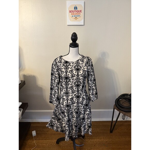 Anthropologie Skies Are Blue Flocked Damask Black & Cream Dress Medium - Picture 1 of 8